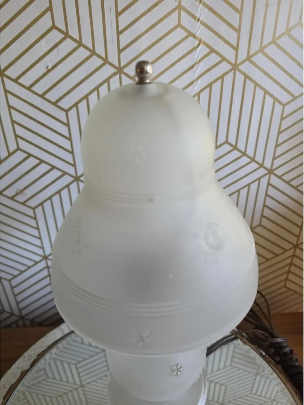 Antique Art Deco Frosted Glass Petite Anchor Nautical Lamp w Glass Bell Shade